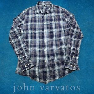 John Varvatos Men's Lightweight Crinkle Gauze Button Up LS Shirt Blue Plaid M